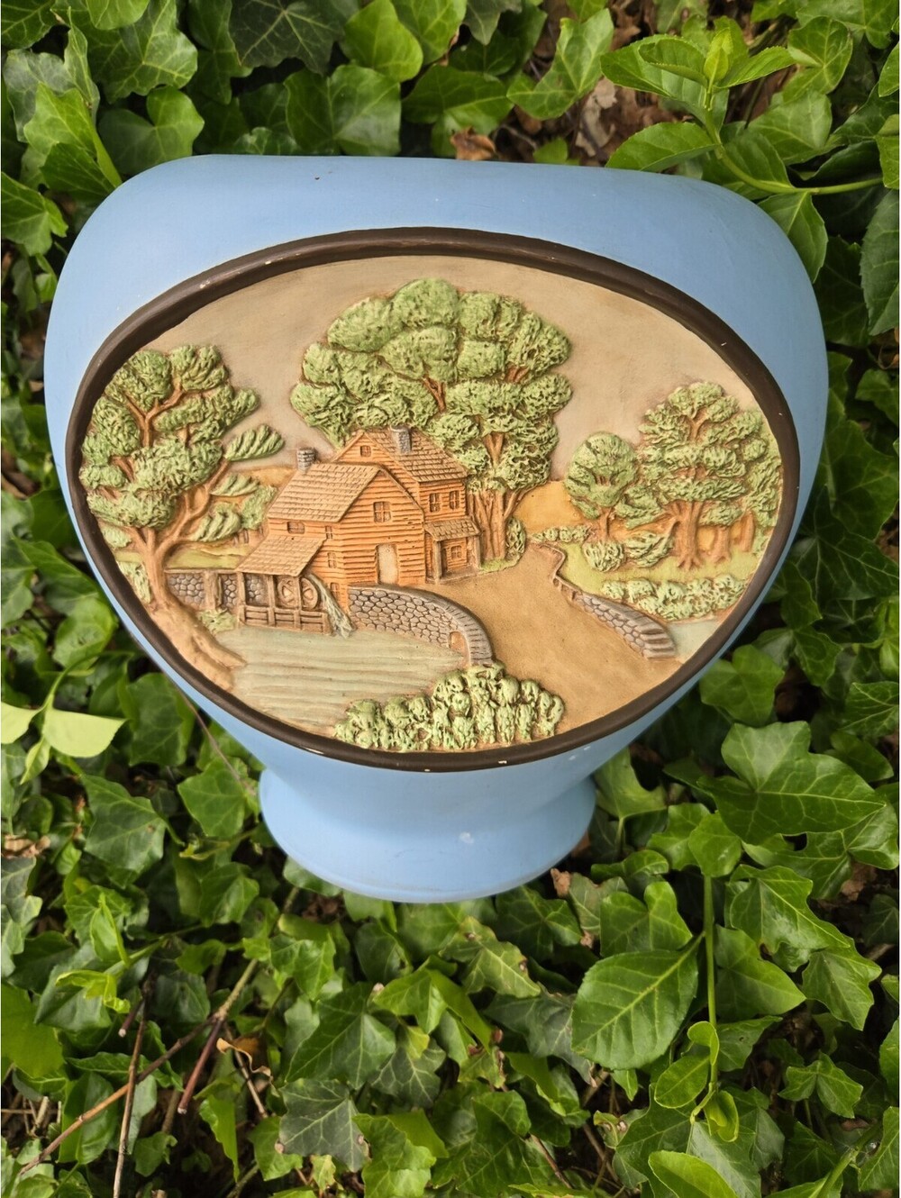 Large 16"T Blue Painted Ceramic Clay Pottery Vase Urn Ginger Jar Village Scene